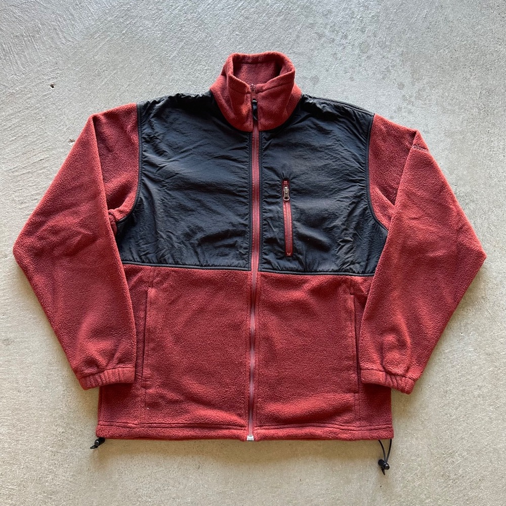 Columbia Fleece Jacket Mens Medium Red Black Nylon Overlay Yoke Full Zip Pocket